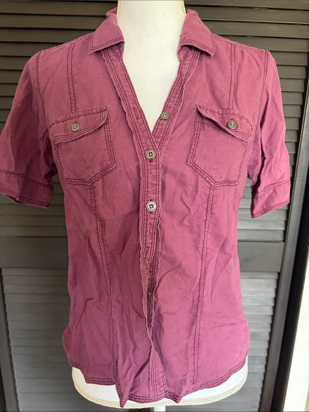 Sonoma women’s petite Short-Sleeve Button-Down Shirt in Dusty Rose